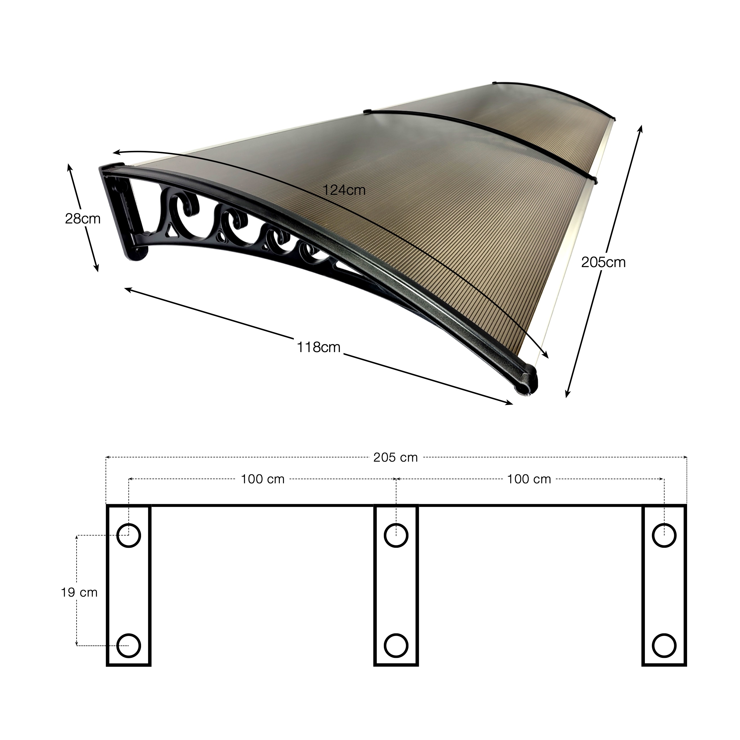 Rysunek techniczny daszka 200x120 cm Classic